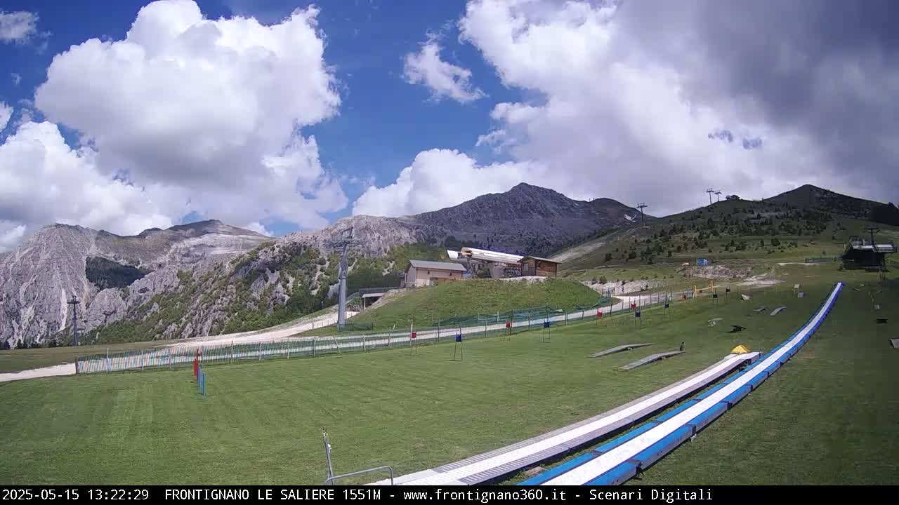 A grassy mountaintop area with a pair of long, white slides, a few small buildings, and chairlifts against a partly cloudy blue sky.