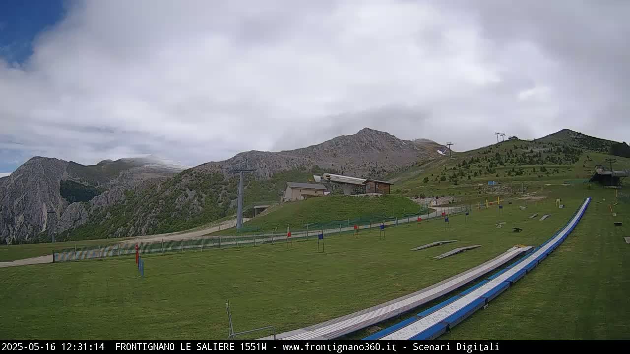 A grassy area with ski lifts and ramps is situated below a mountain range under a cloudy sky.