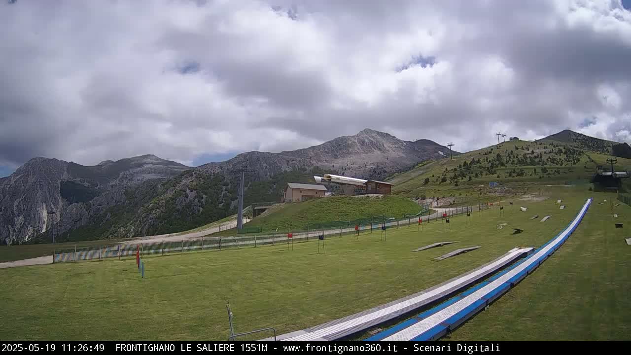 A grassy mountaintop area with ski lifts, a small building, and a long, blue-and-white paved course is visible under a partly cloudy sky.