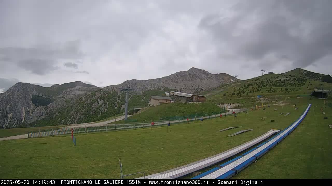 A grassy area with ski lifts and a mountain in the background under an overcast sky.