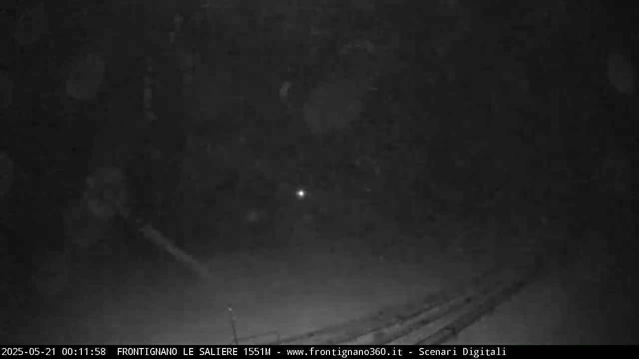 A nighttime, snowy scene shows a dimly lit area with trees and a faint light in the distance.