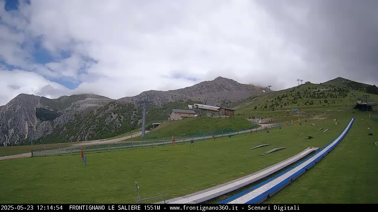A grassy mountainside with a ski lift and a pair of long, blue slides under a partly cloudy sky.