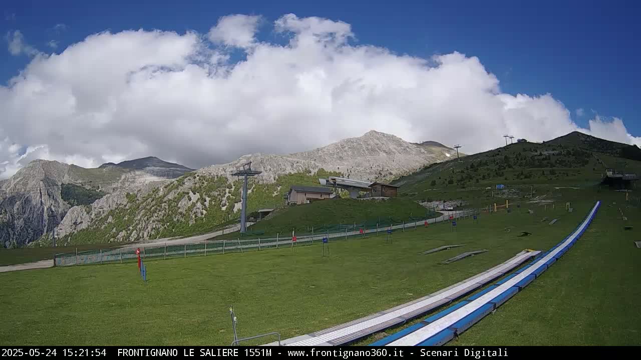 A grassy mountainside with a chairlift, small buildings, and long, flat ramps under partly cloudy skies.