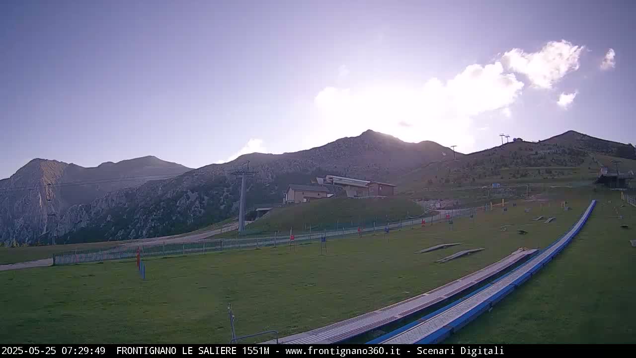 A grassy mountaintop area with a ski lift, a small building, and two long blue ramps, under a partly cloudy sky.