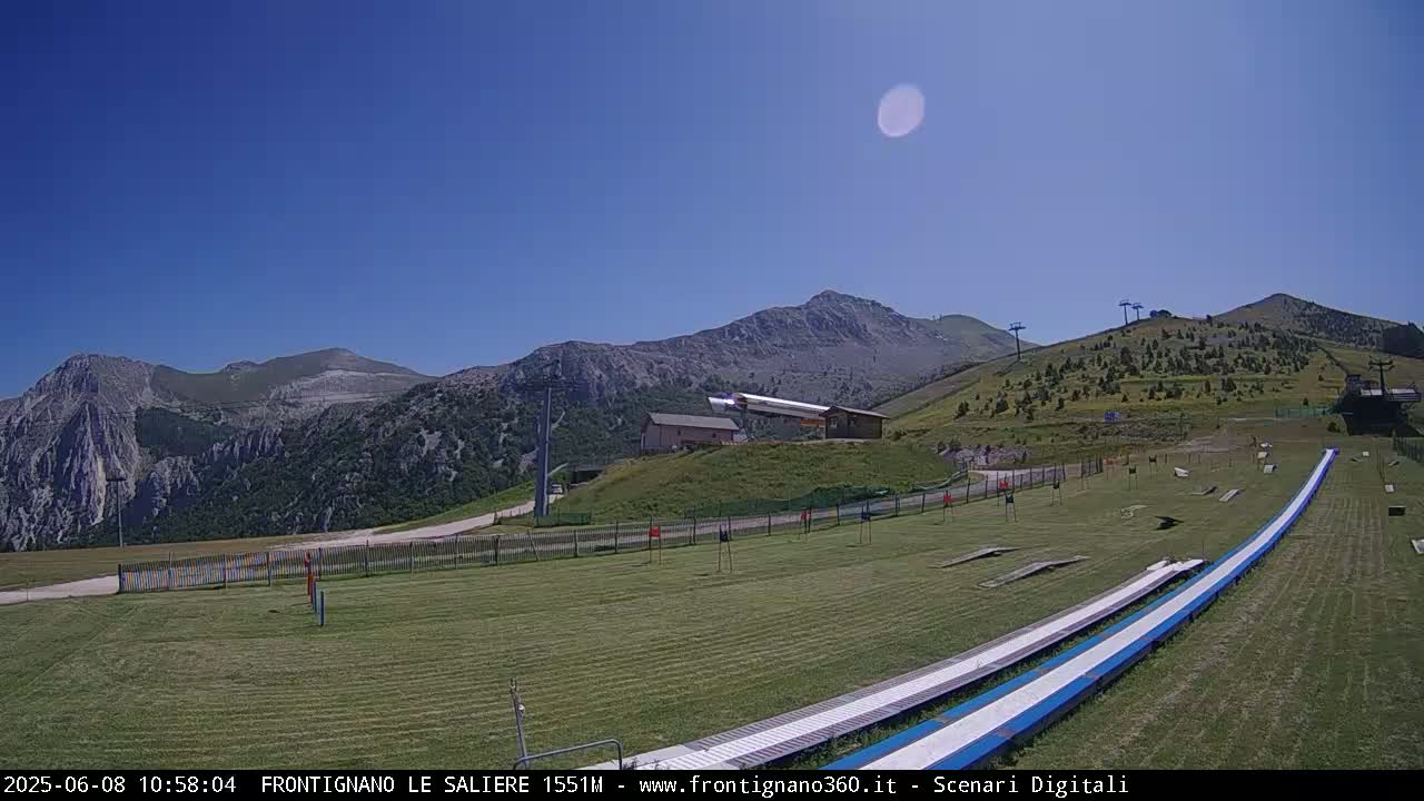 A sunny day reveals a grassy mountaintop area with a ski lift, a small building, and two long, white slides.