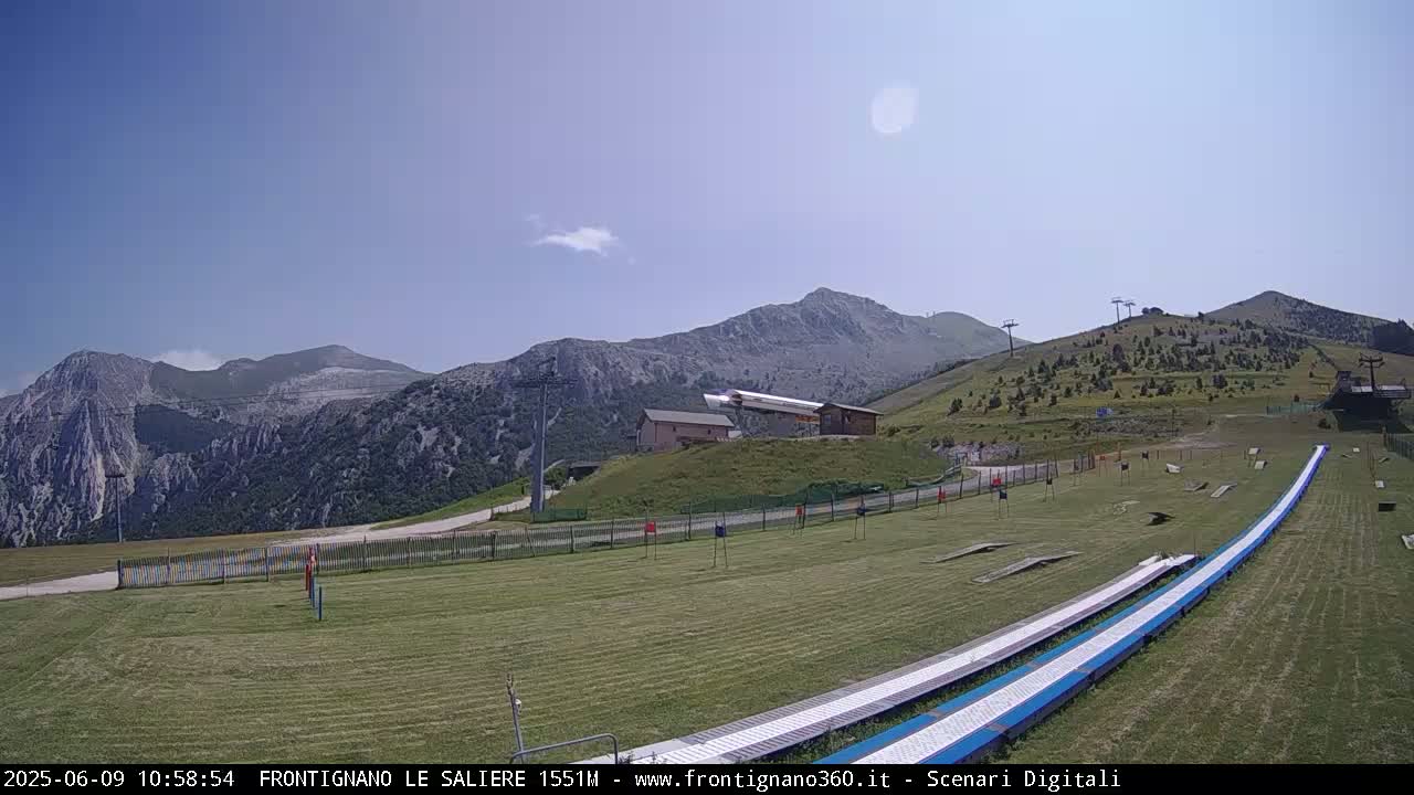 A grassy mountaintop area with ski lifts, a few buildings, and long, white ramps, under a mostly clear, sunny sky.