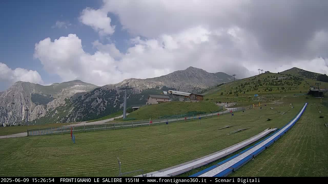 A grassy mountaintop area with ski lifts and a pair of long, flat slides, under a partly cloudy sky.