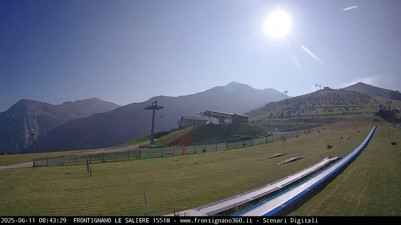 A sunny day at a mountaintop ski resort features grassy slopes, ski lifts, and a long, winding summer toboggan run with distant mountains under a clear sky.