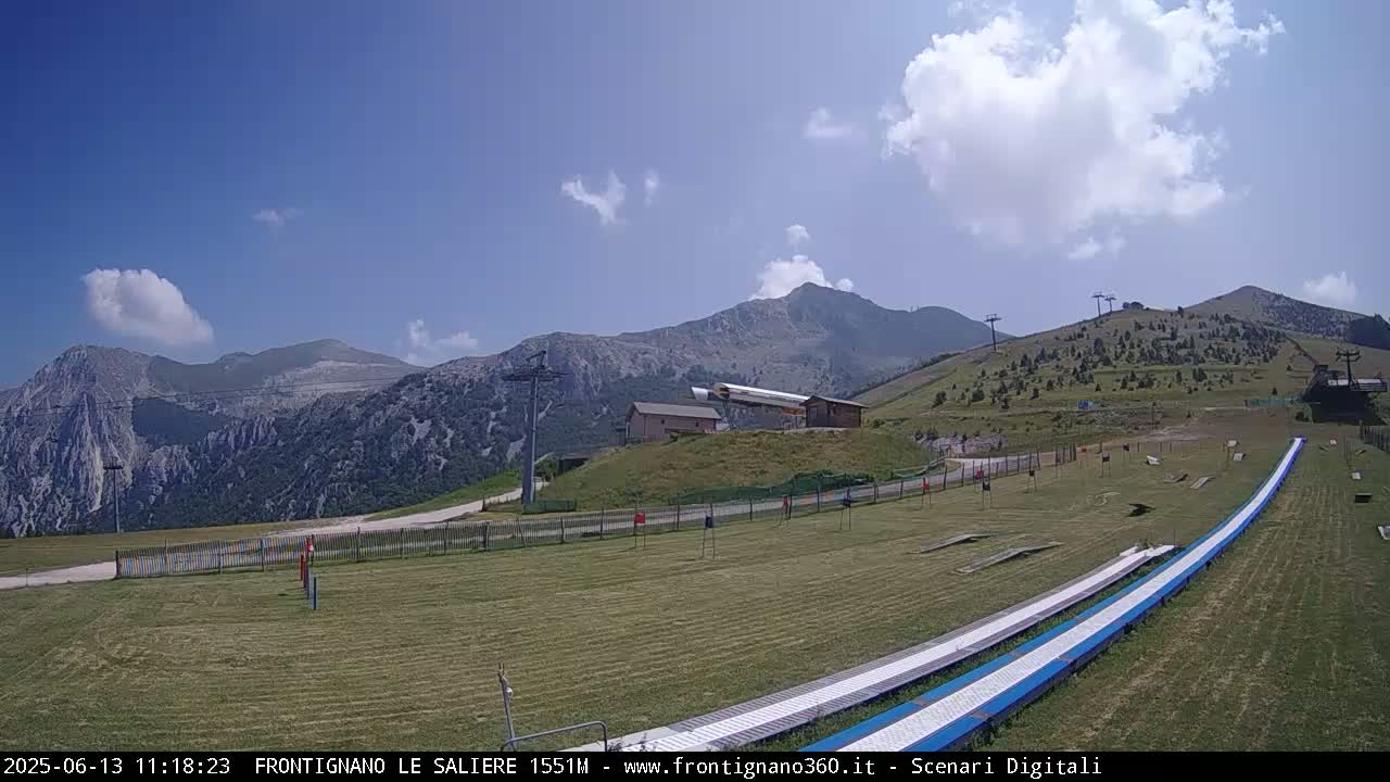 A grassy mountaintop area with two long, low slides and chairlifts visible against a backdrop of mountains under a mostly sunny sky with some scattered clouds.