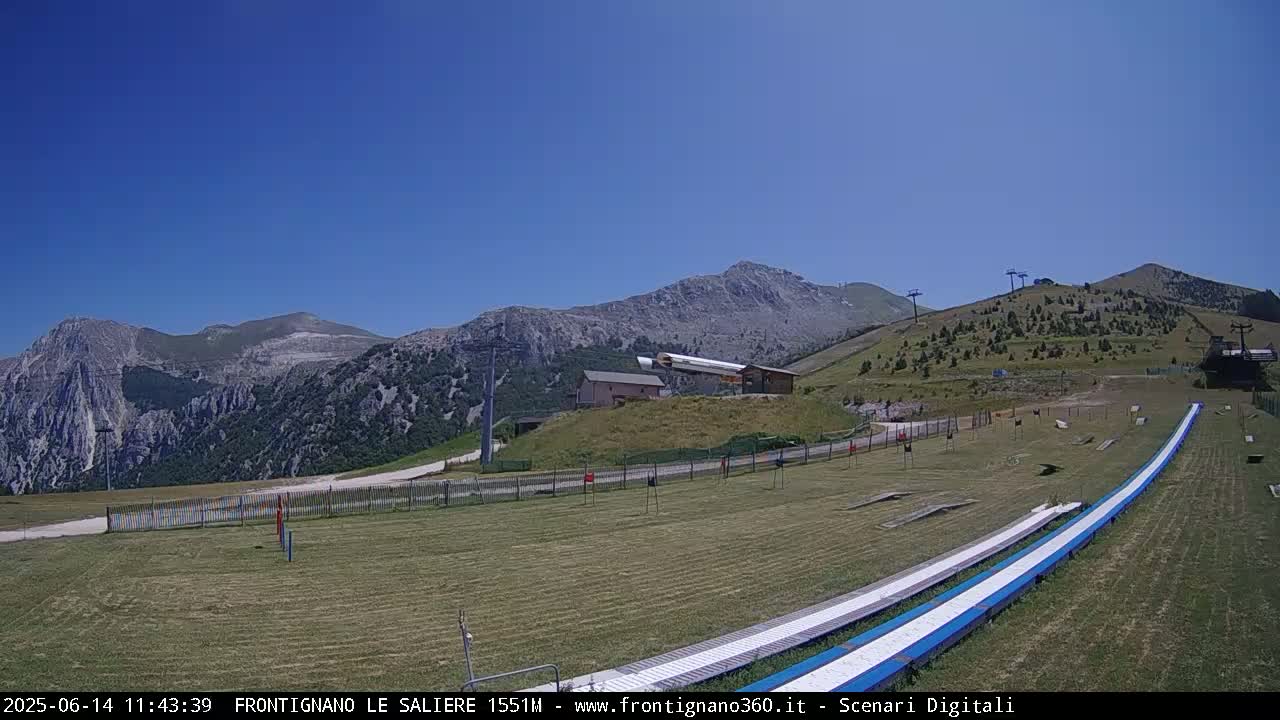 A grassy mountaintop area with a ski lift and two long, white slides, under a clear blue sky.