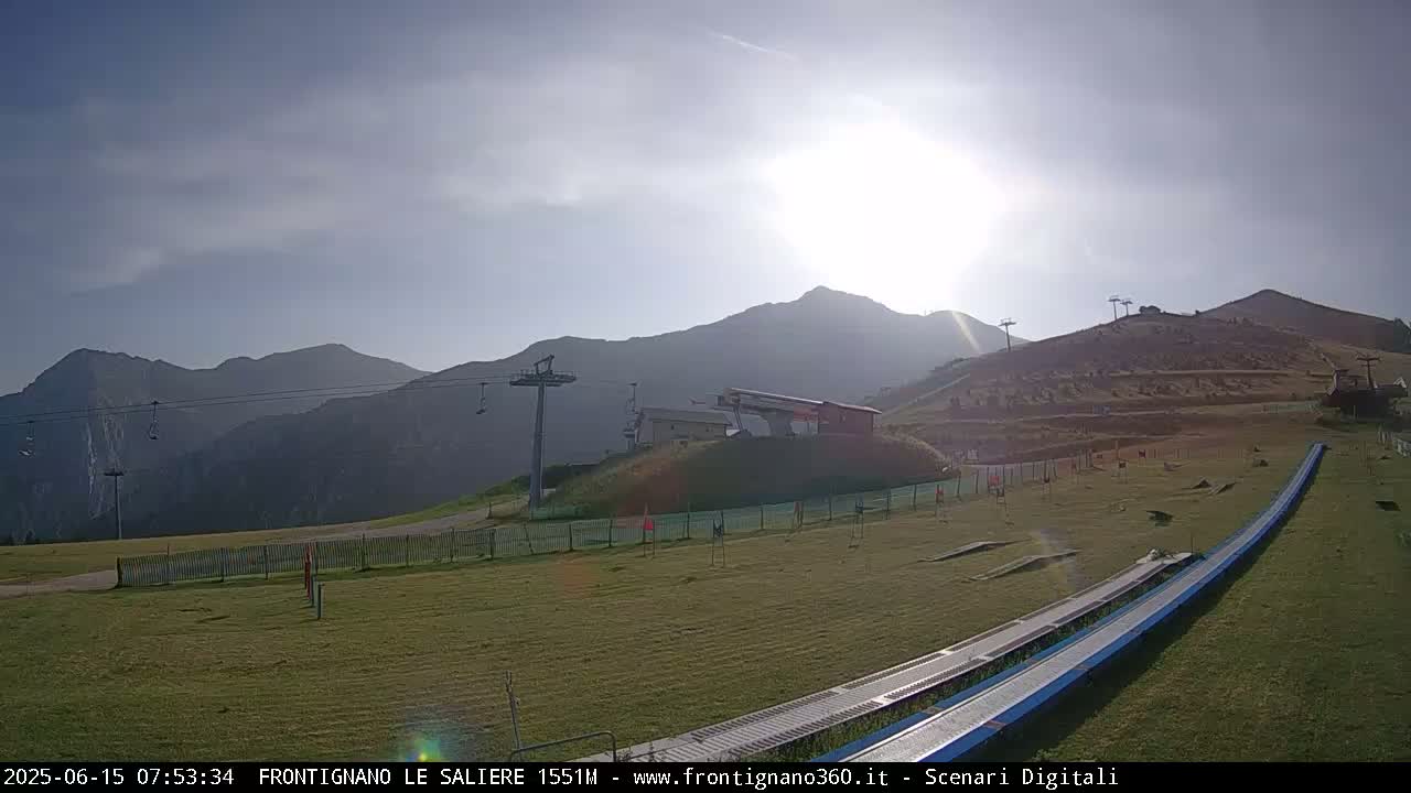 A sunny day at a mountaintop ski resort shows grassy slopes, chairlifts, and a long, blue ski lift.
