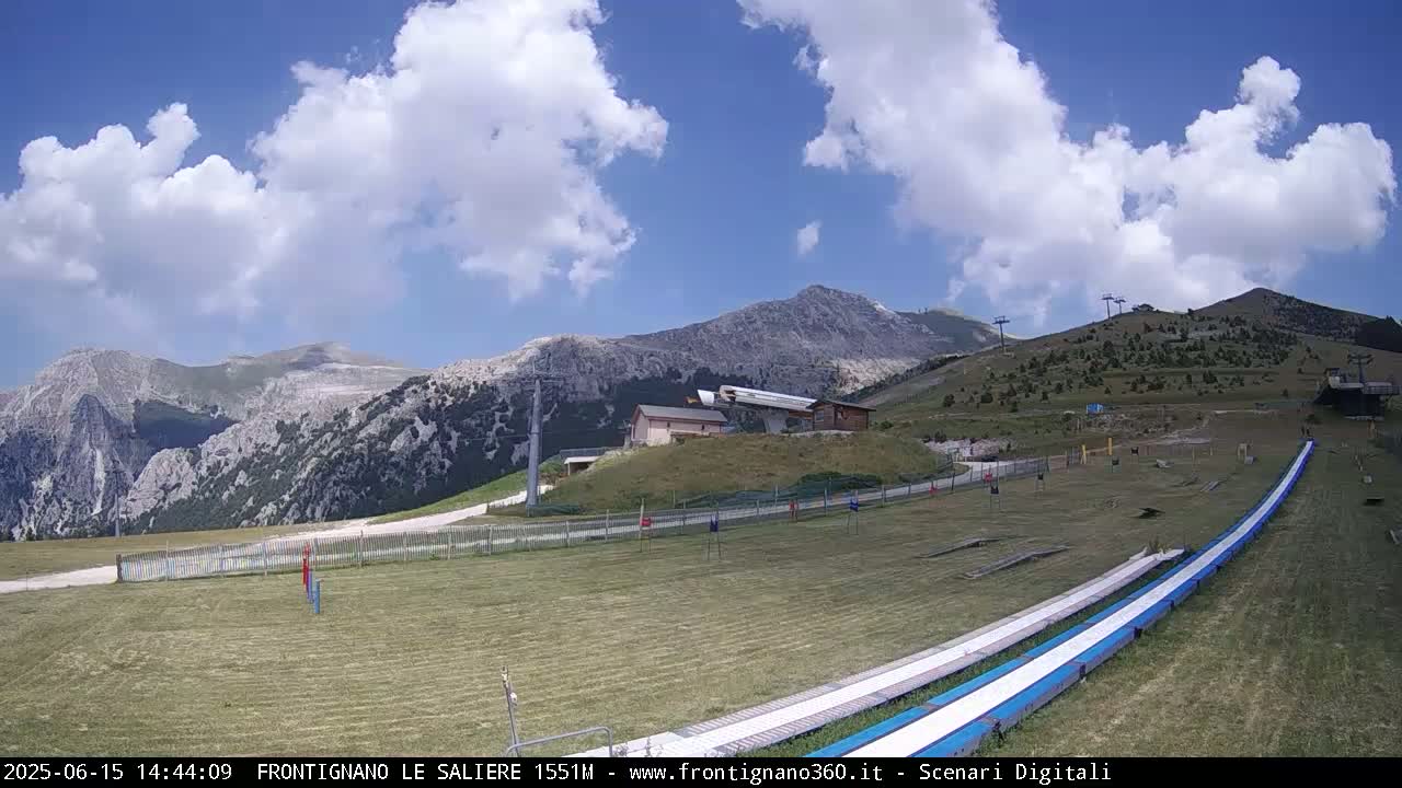 A grassy mountaintop area with a ski lift, two long white slides, and a partly cloudy blue sky.