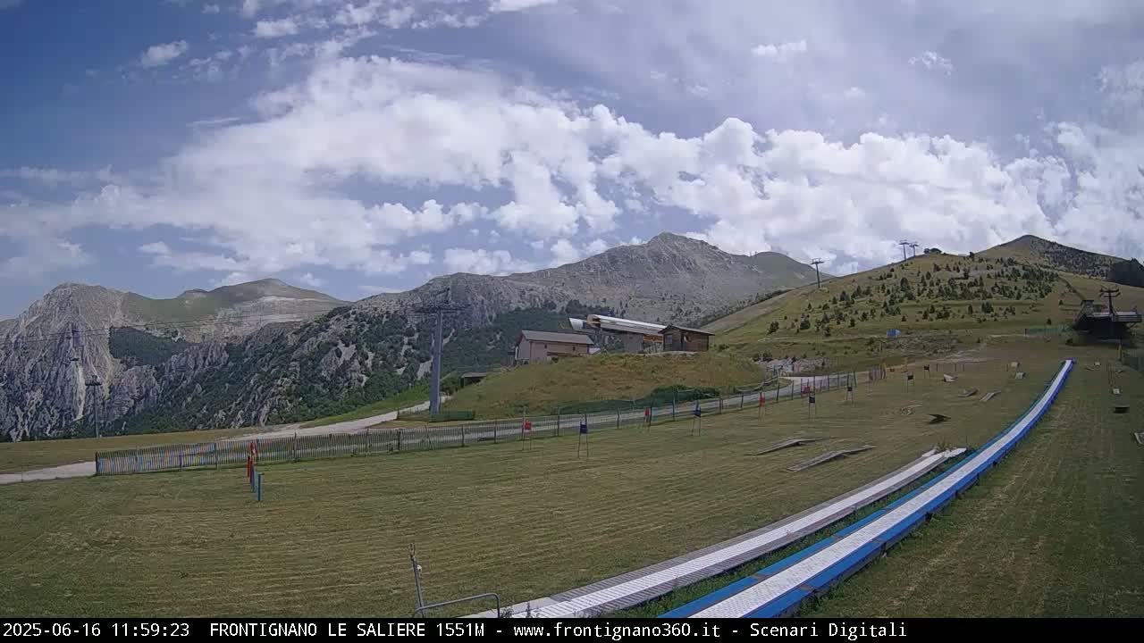 A grassy mountainside with a few buildings and ski lift infrastructure is visible under a partly cloudy sky.