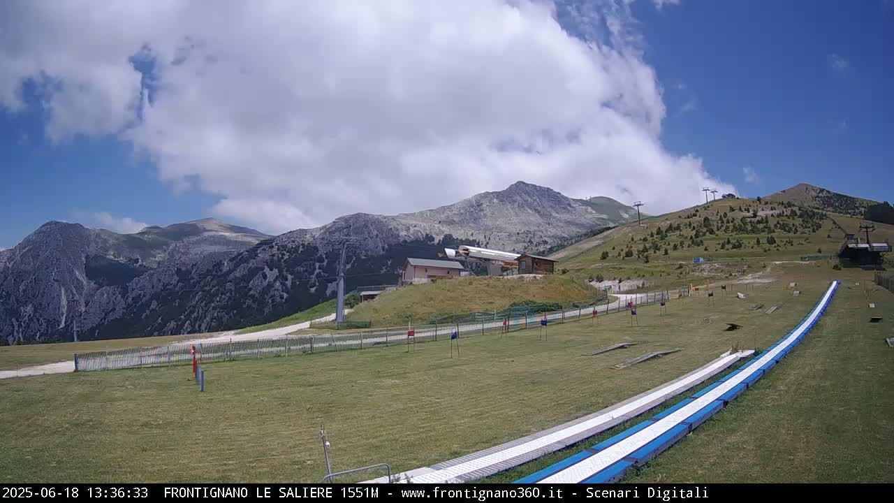 A grassy mountaintop area with two long, light blue slides, a few buildings, and chairlift infrastructure, under a partly cloudy sky.