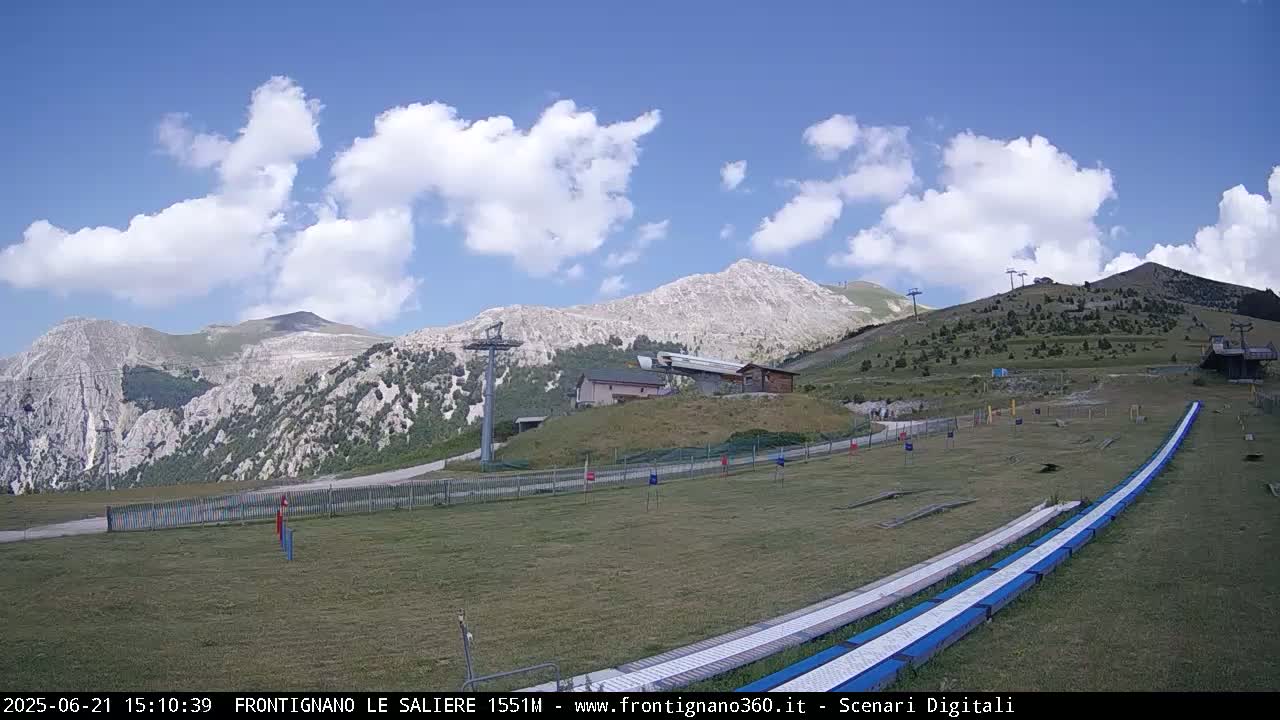 A grassy mountain slope with ski lifts and a chairlift, under a partly cloudy blue sky.