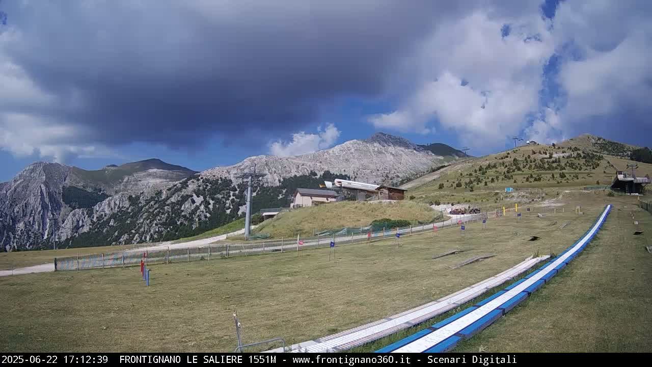 A mountaintop grassy area with a ski lift, buildings, and two long, flat, white and blue ramps under a partly cloudy sky.