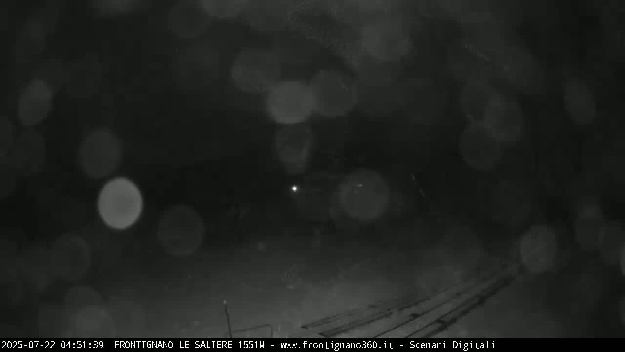A nighttime outdoor scene shows blurry lights and falling snow or rain.
