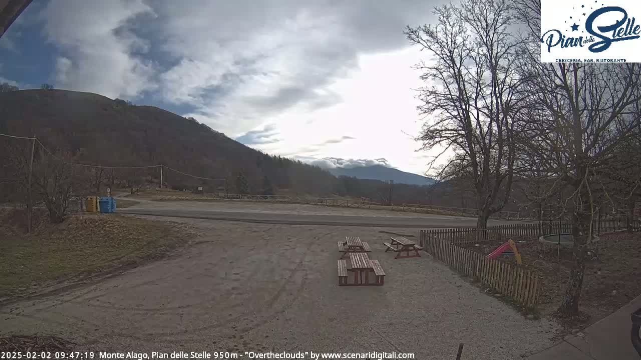 A mostly cloudy day reveals a mountain landscape with several picnic tables in a gravel area near a wooden fence and bare trees.
