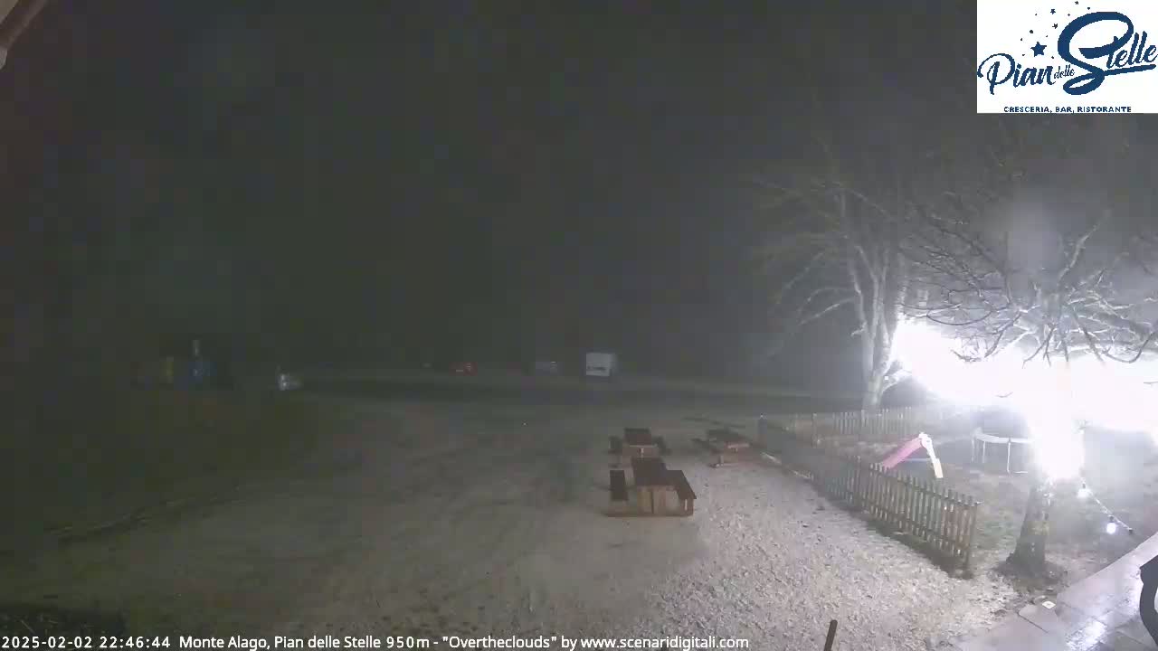 A snow-covered outdoor area at night, illuminated by artificial light, shows several picnic tables and a small playground near some trees.