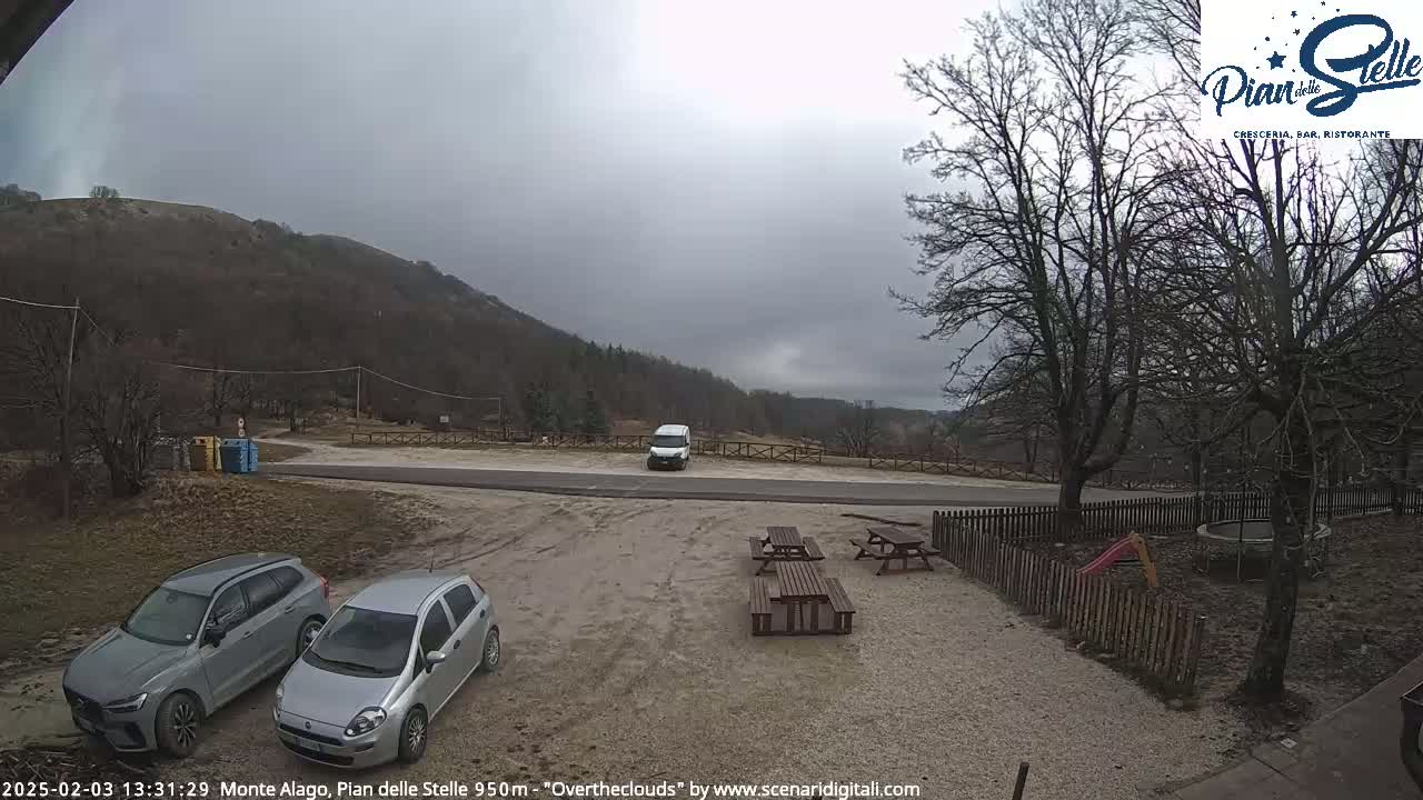 A gravel parking lot with two cars and picnic tables sits in front of a hilly landscape under an overcast sky.