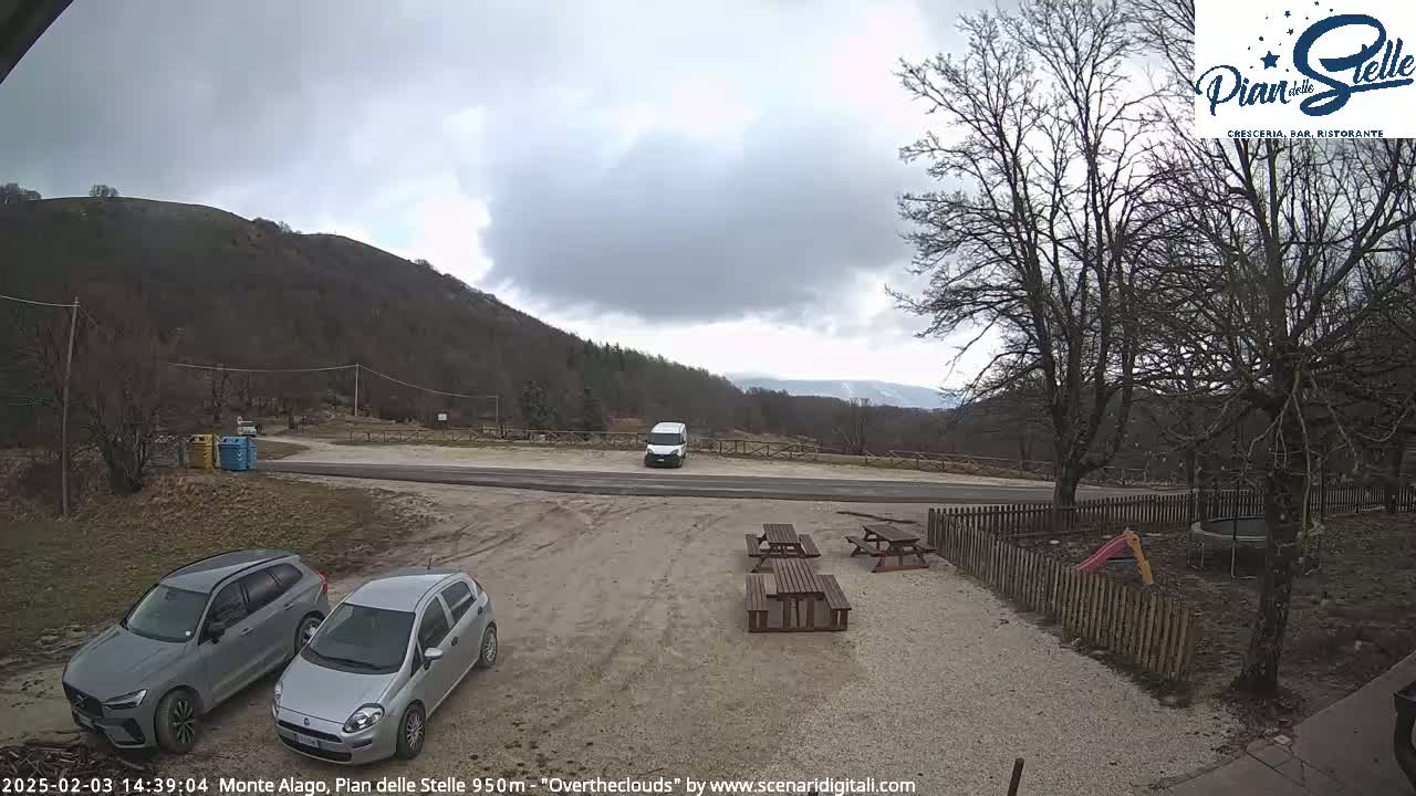 A parking lot with two cars and picnic tables is situated in front of a hill covered in leafless trees under an overcast sky.