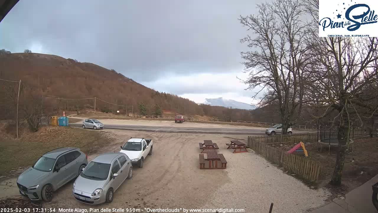 A parking lot with several cars and picnic tables is situated in front of a mountain range under an overcast sky.