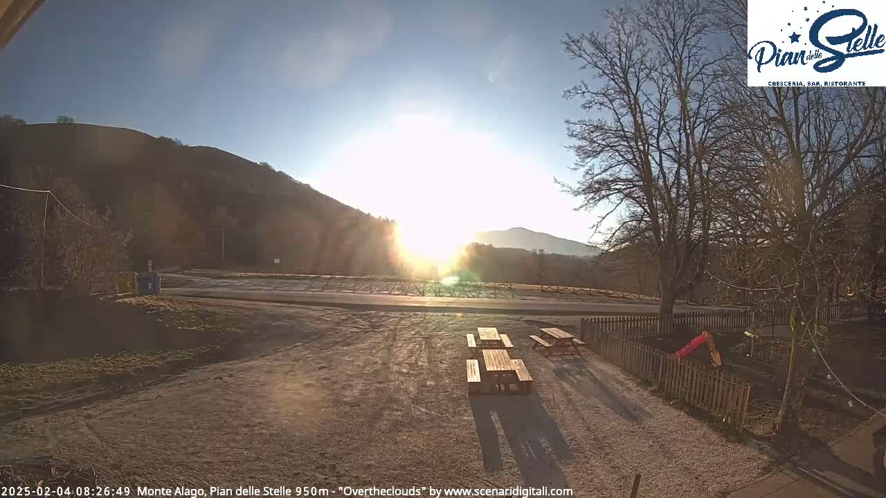 A sunny morning view of a gravel parking lot with picnic tables, a small playground, and bare trees, overlooking a mountain in the distance.