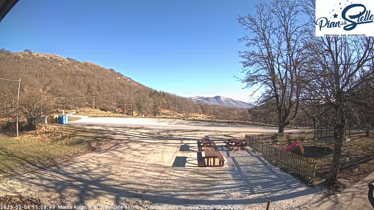 A sunny day reveals a mountainside parking lot with picnic tables and a small playground, bordered by leafless trees.