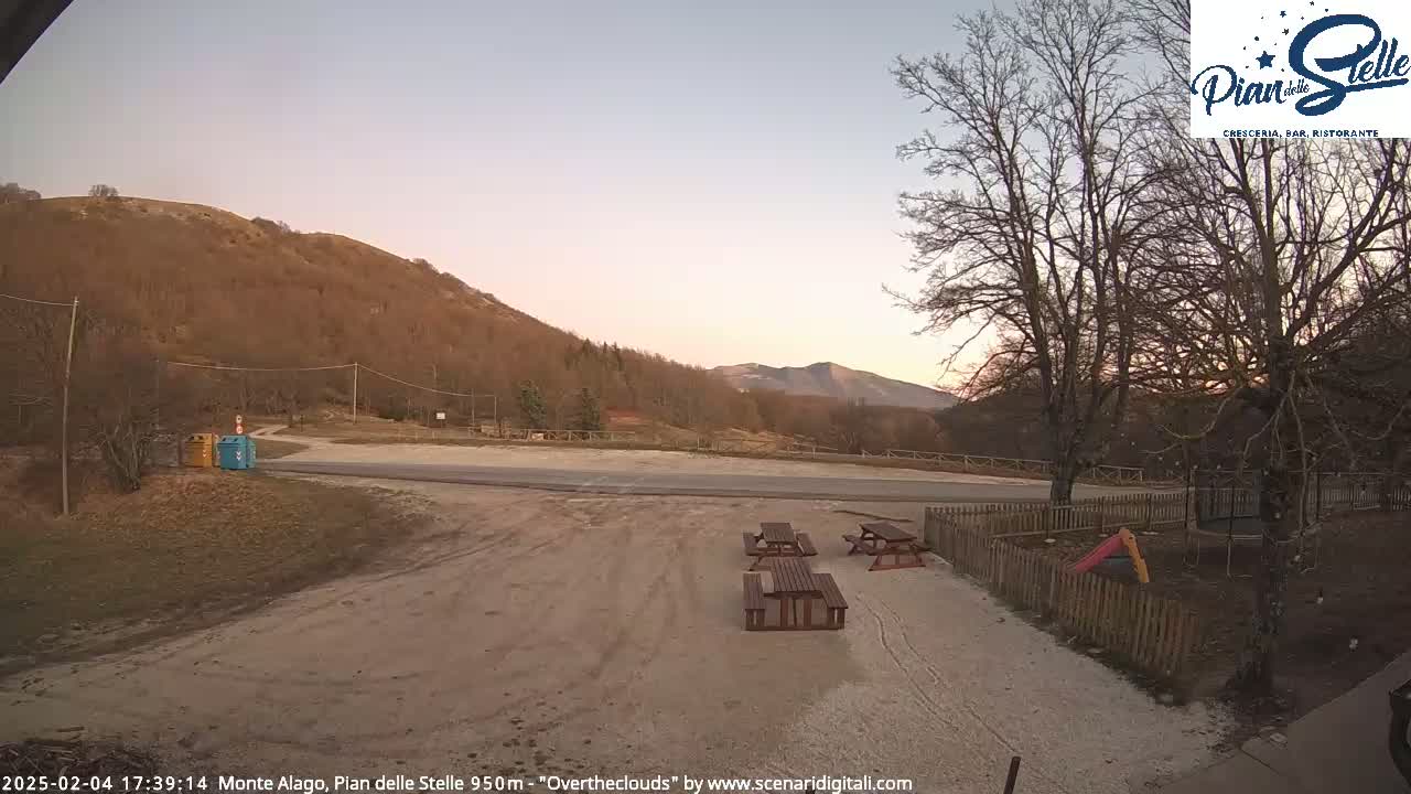 A mostly empty parking area with picnic tables sits near bare trees and a hill under a pale, dusky sky.