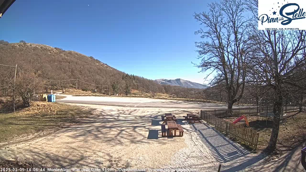 A sunny, outdoor parking lot with picnic tables and a playground is situated near bare trees and a mountain range under a clear blue sky.