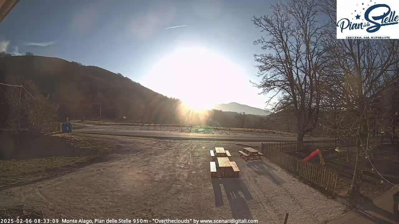 A sunny, clear day reveals a view of mountains, a paved road, picnic tables, and bare trees in a gravel area.