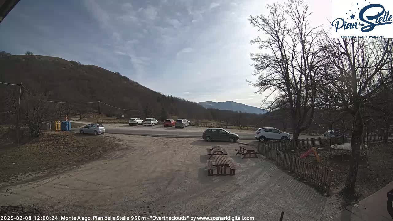 A parking lot with several cars is situated in a mountainous area under a partly cloudy sky, next to a small playground with picnic tables.