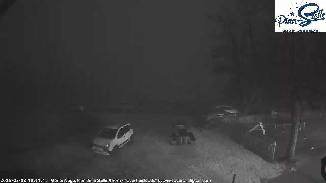 A nighttime, overcast scene shows a parking area with two cars and some outdoor furniture.