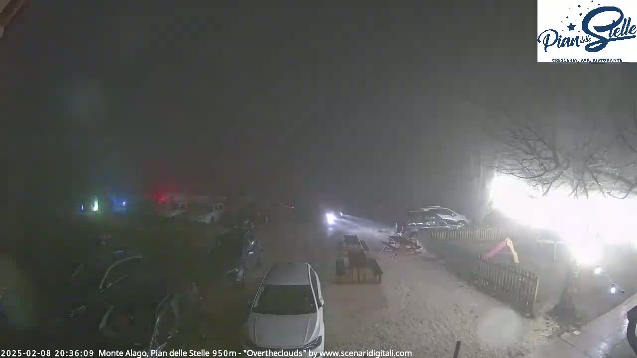 A nighttime scene shows a snow-covered parking lot with several cars, under heavy overcast conditions.
