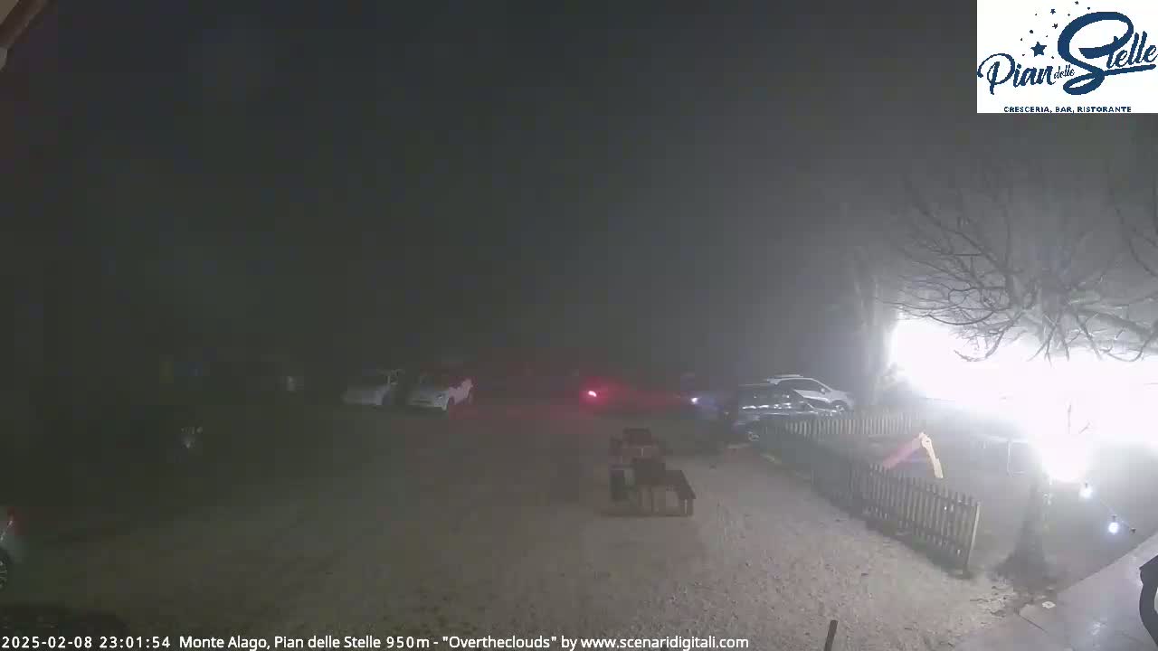 A nighttime scene shows several cars parked in a lot shrouded in heavy fog or mist.