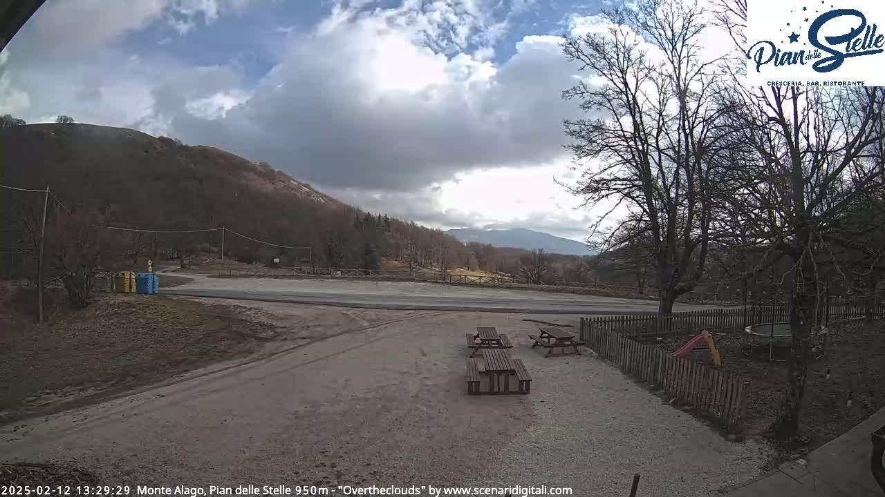 A partly cloudy day reveals a mountain view overlooking a gravel area with picnic tables, a small playground, and bare trees.