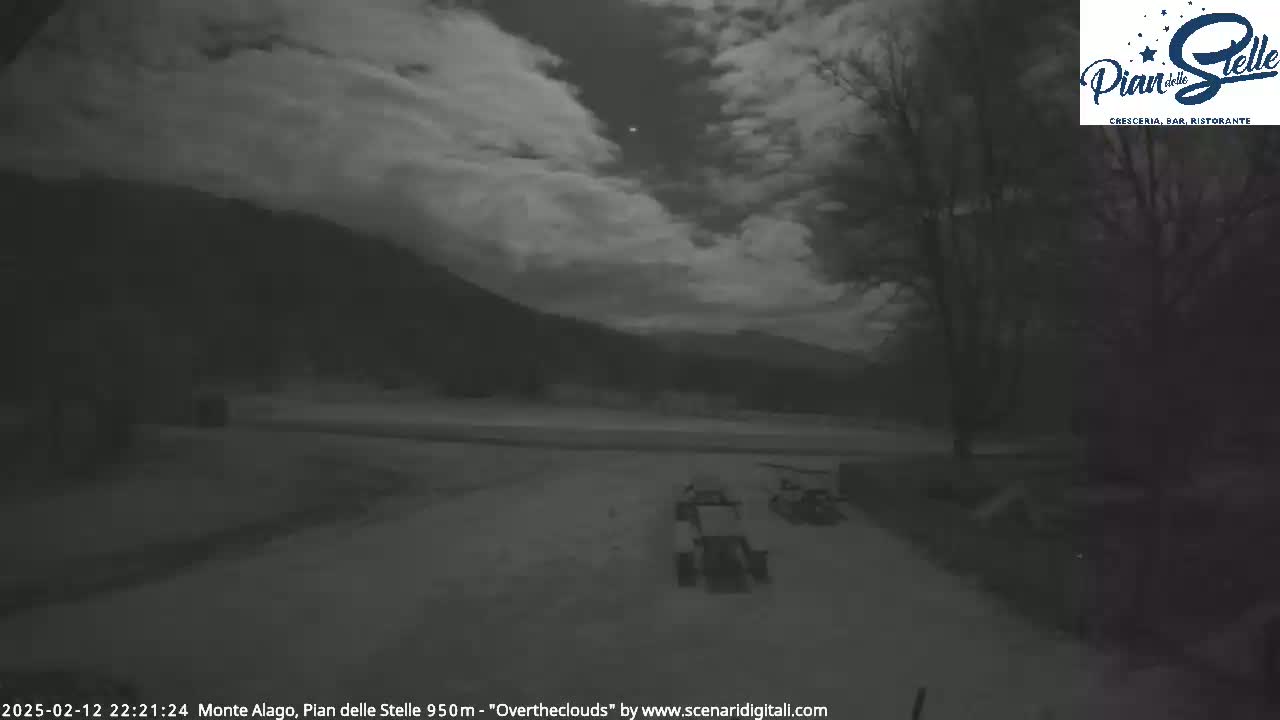 A nighttime, overcast scene shows a dark, snow-covered ground with some indistinct objects in the distance and a few trees in the foreground, under a sky filled with clouds.