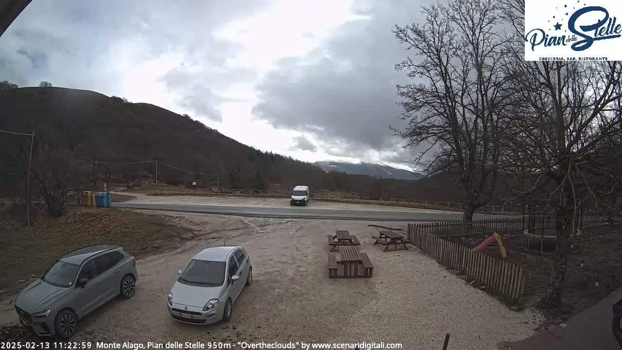 A parking lot with two cars and picnic tables sits in front of a mountain range under an overcast sky.