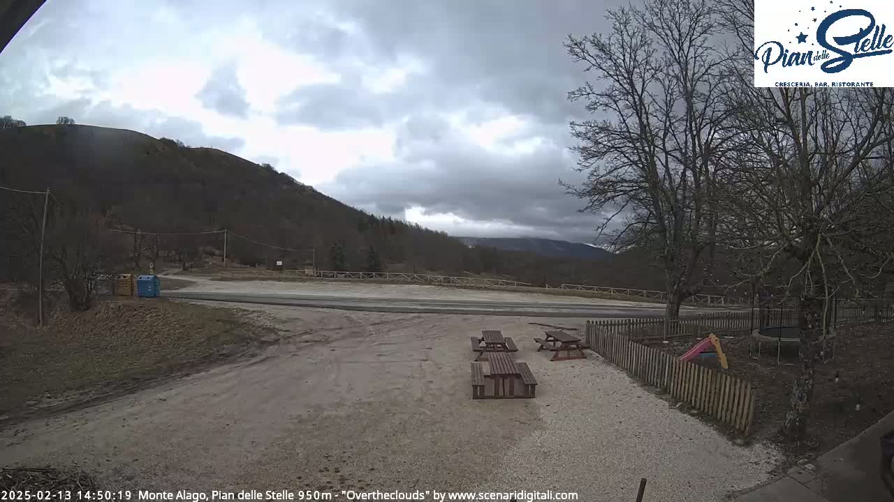 An overcast day reveals a mountainside view with a paved area containing picnic tables, a small playground, and bare trees surrounding a gravel parking lot.