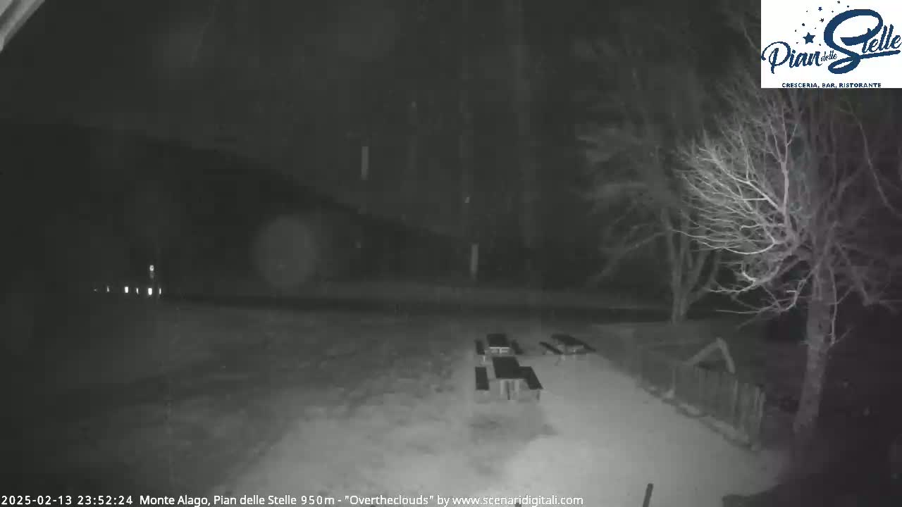 A snow-covered nighttime scene shows several picnic tables under bare trees.