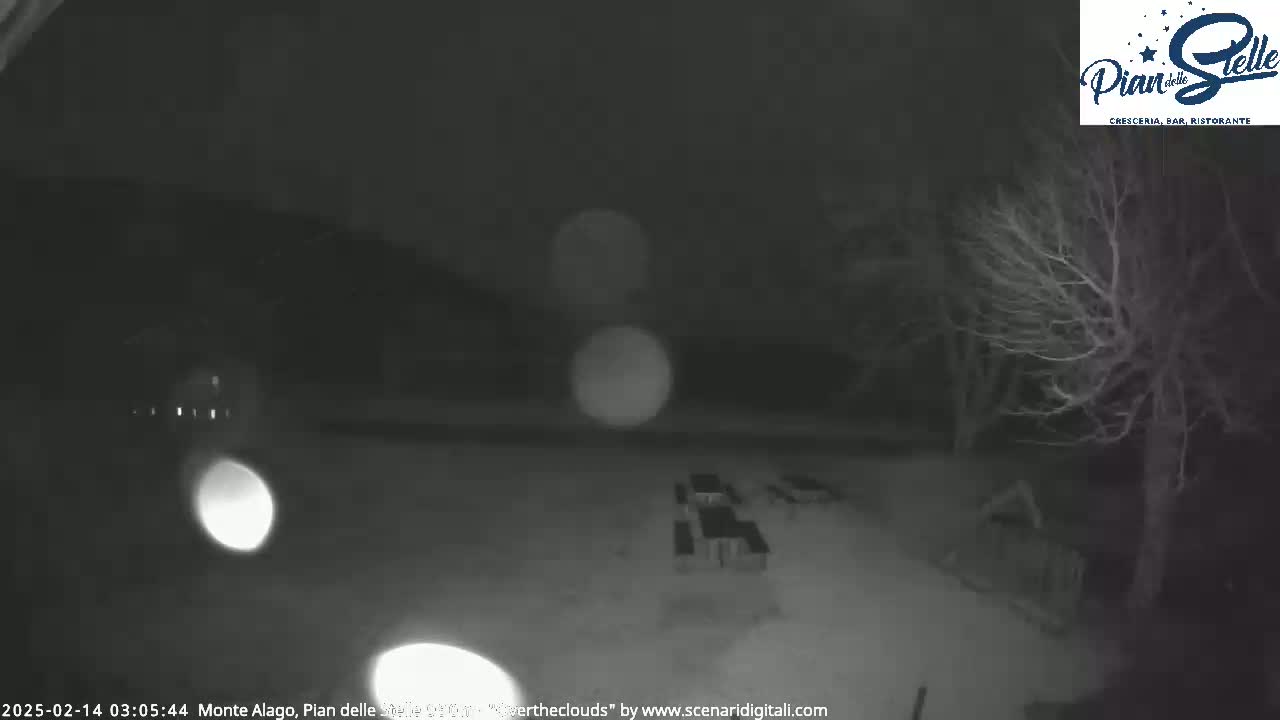 A nighttime, snowy scene shows a dimly lit area with picnic tables and bare trees under a cloudy sky.