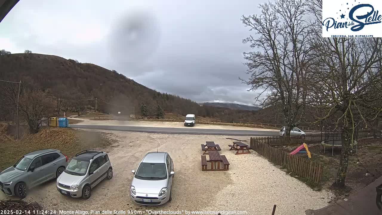 A parking lot with several cars, picnic tables, and a playground is nestled among bare trees and a hill under an overcast sky.