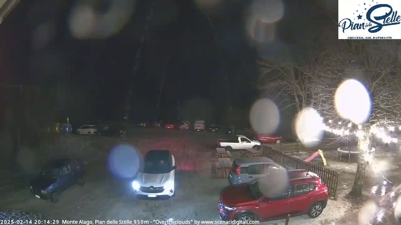 Several cars are parked in a lot at night during a light snowfall.