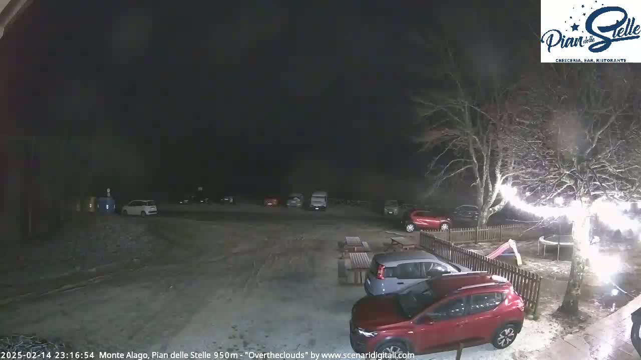 A nighttime parking lot with several cars, partially covered in snow, under a dark, clear sky.