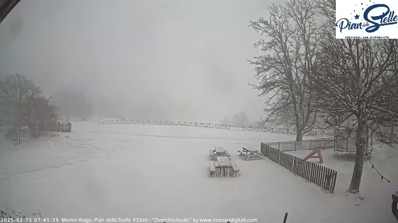 A snow-covered outdoor area with picnic tables and a playground is seen during a heavy snowfall.