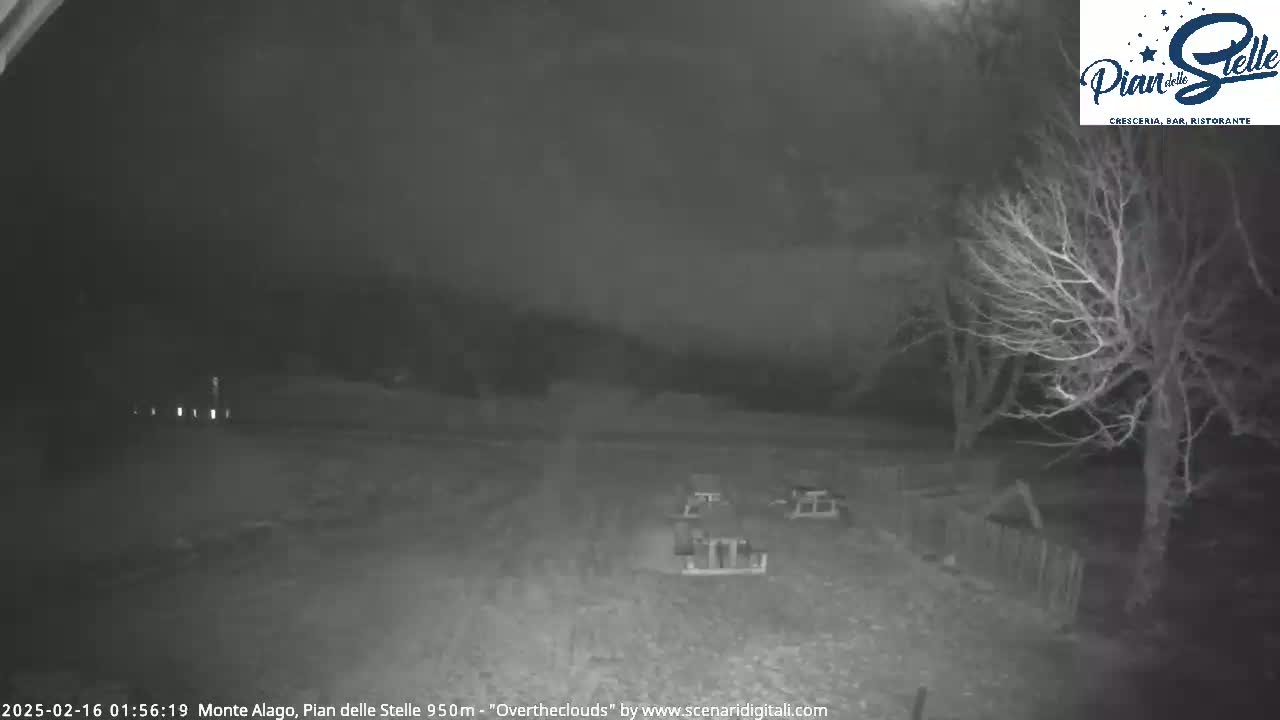 A nighttime, overcast scene shows several picnic tables in a sparsely vegetated area with bare trees.