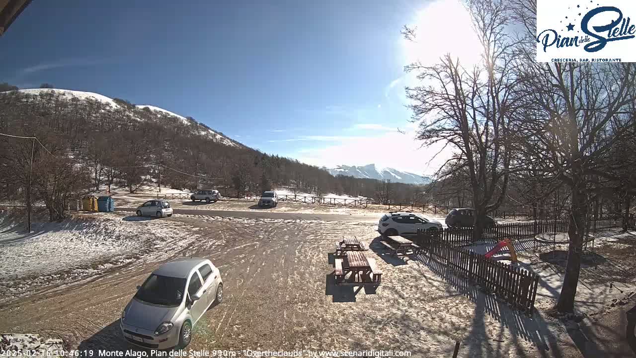 A sunny day in a mountain parking lot with snow on the ground and several cars parked,  a picnic table, and a small playground in the foreground, with snow-dusted mountains in the background.