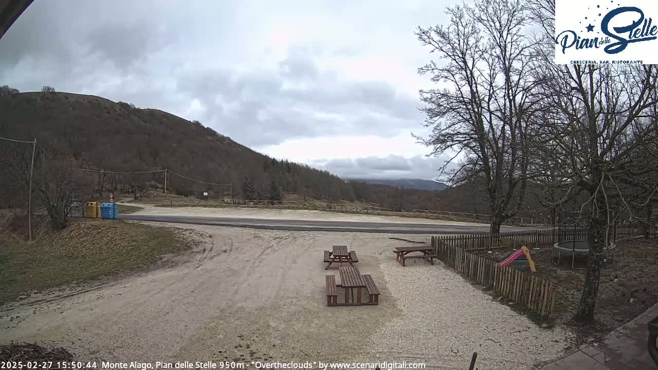 A gravel parking area with picnic tables sits beside a wooden fence surrounding a small playground, all overlooking a tree-covered hill under an overcast sky.