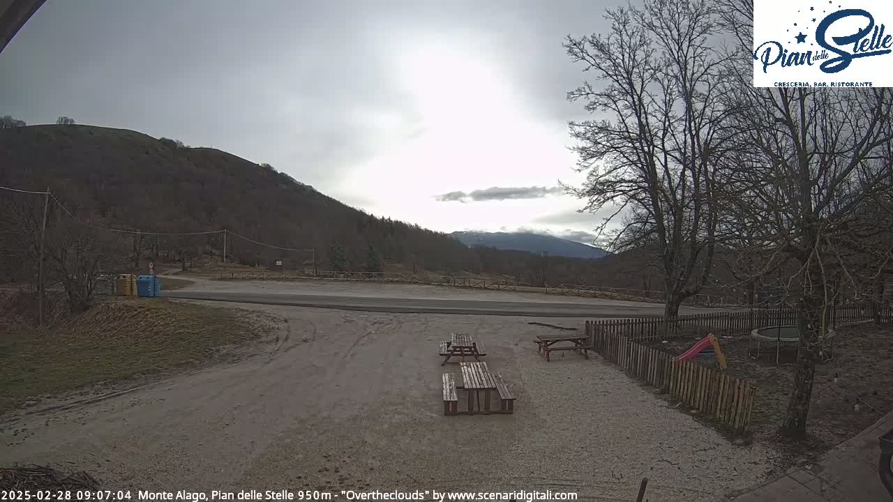 A mostly cloudy day reveals a gravel parking lot with picnic tables, a small playground, and bare trees, all situated before a hill and distant mountains.