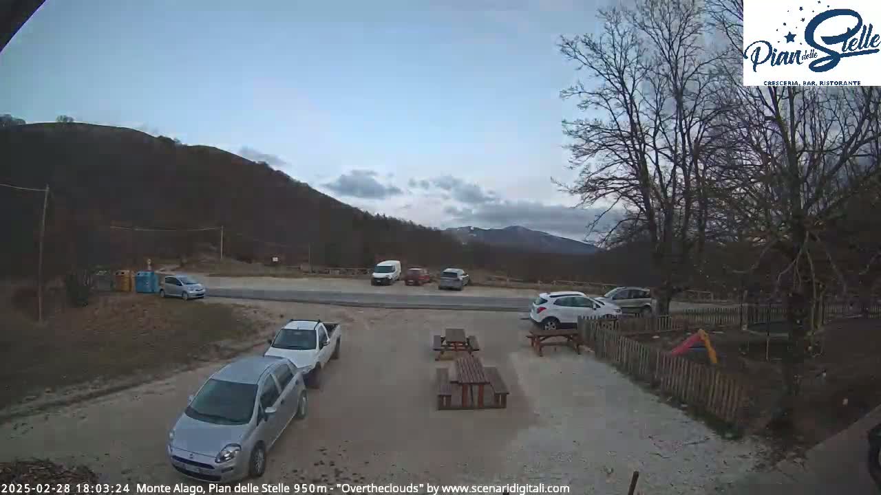 A parking lot with several cars and picnic tables is situated in front of a mountain under a partly cloudy sky.